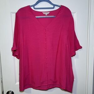 Nanette Lepore Blouse Women's XL Pink Button Front Ruffle Bell Sleeve Tunic Top